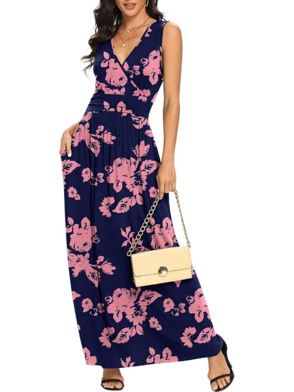 Lilbetter Women's Navy Blue Rose Sleeveless  Loose Plain Long Maxi Casual Dress